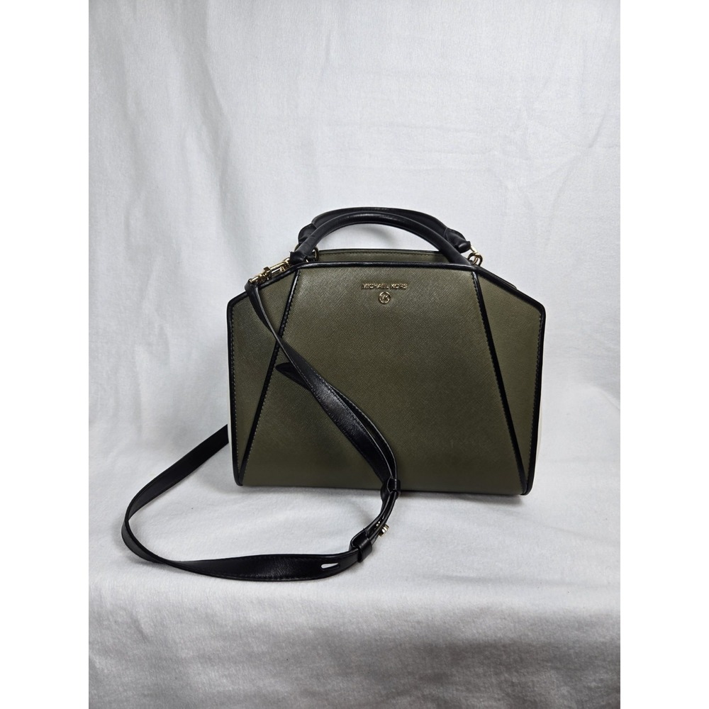 Michael Kors Olive Green Black White Satchel with Detachable Strap, Gold Hardwa…